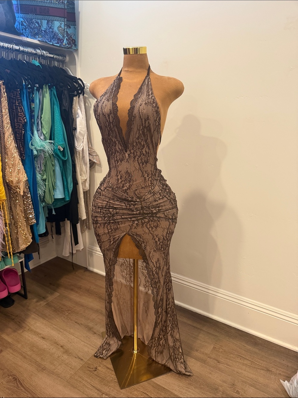 Plunging Halter Lace Mermaid Prom Dress in Taupe